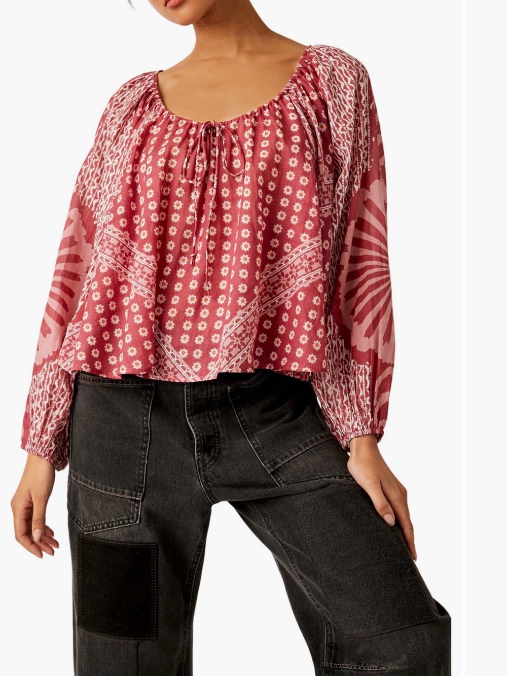 Free People Elena Floral Peasant Top in Clay Pink